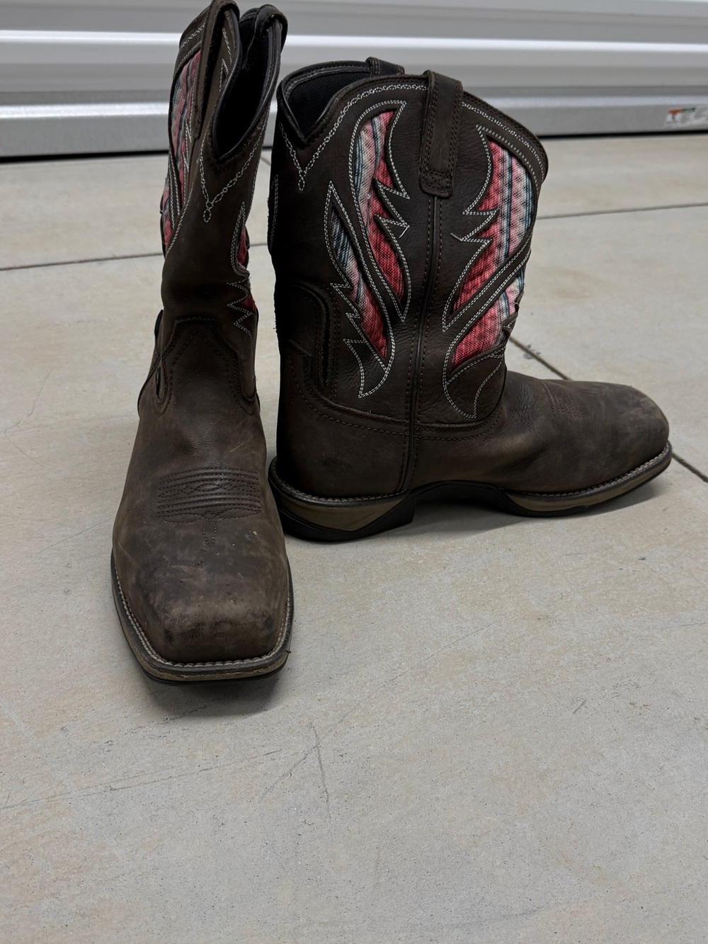 Ariat Brown Leather Cowboy Boots with Red Accent Panels